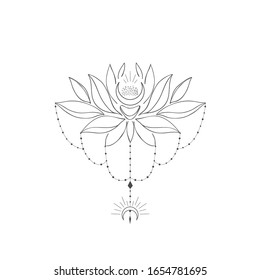 Decorative mystery floral design with Lotus and Moon. Tattoo or t-shirt print. Magic logo illustration.