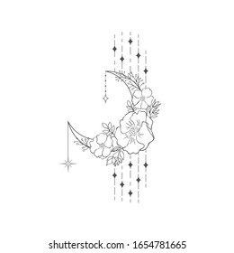 Decorative mystery floral design with Moon. Tattoo or t-shirt print. Magic logo illustration.