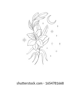 Decorative mystery floral design with Moon. Tattoo or t-shirt print. Magic logo illustration.