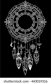 Decorative mystical circle with a beads and ethnic jewelry.Linear drawing, the isolated white contour on a black background.  Vector illustration.