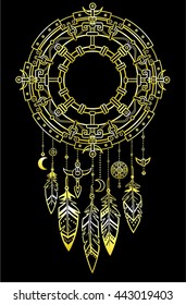 Decorative mystical circle with a beads and ethnic jewelry. Linear drawing, the isolated contour on a black background. Gold imitation. Vector illustration.