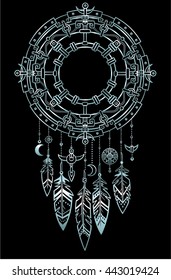 Decorative mystical circle with a beads and ethnic jewelry. Linear drawing, the isolated contour on a black background. Silver imitation. Vector illustration.