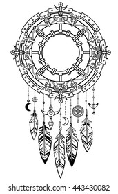 Decorative mystical circle with a beads and ethnic jewelry. Linear drawing, the isolated black contour on a white background. Vector illustration. Print, posters, t-shirt, textiles.