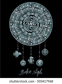 Decorative mystical circle with a beads ethnic jewelry. Linear drawing, the isolated contour on a black background. Silver imitation. Vector illustration.