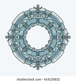 Decorative mystical circle in ethnic style. The linear drawing isolated on a gray background. Metal imitation.
