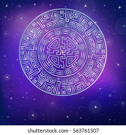 Decorative mystical circle. Motives of art Native American Indian. Ethnic design, boho chic, tribal symbol. Silver imitation. Vector illustration, background - the night star sky.