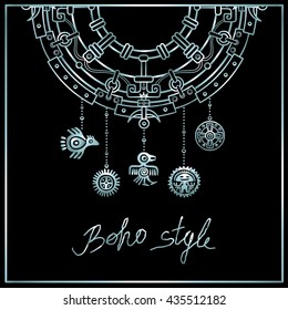 Decorative mystical semicircle with a beads in the form of ancient Indian symbols. Linear drawing, the isolated contour on a black background. Silver imitation. Vector illustration.