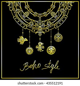 Decorative mystical semicircle with a beads in the form of ancient Indian symbols. Linear drawing, the isolated contour on a black background. Gold imitation. Vector illustration.