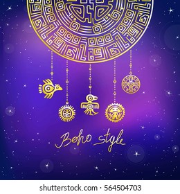 Decorative mystical semicircle, ethnic jewelry. Motives of art Native American Indian. Ethnic design, boho chic, tribal symbol. Gold imitation. Vector illustration, background - the night star sky.