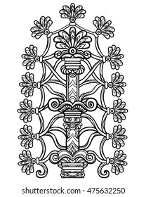 Decorative mythical tree. The linear drawing, the black silhouette isolated on a white background. Vector illustration.