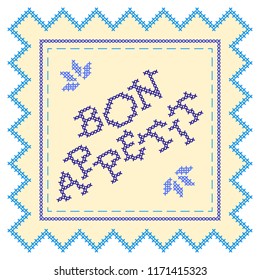 A decorative napkin with the inscription "Bon appetit", imitating the embroidery with a cross. A vintage accessory made in vector.