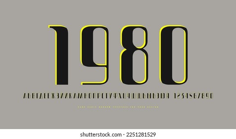 Decorative narrow cyrillic sans serif font. Letters and numbers for logo and emblem design. Vector illustration