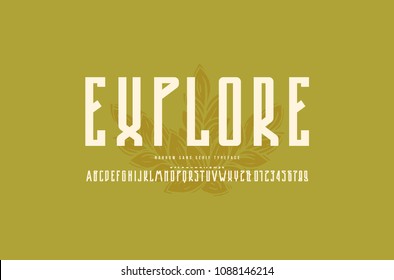 Decorative narrow sans serif font. Bold face. Letters and numbers for logo and title design. Print on green background