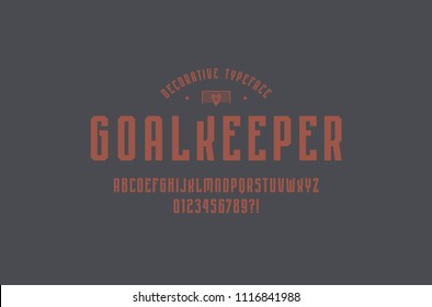 Decorative narrow sans serif font in sport style. Letters and numbers for logo and emblem design. Color print on gray background