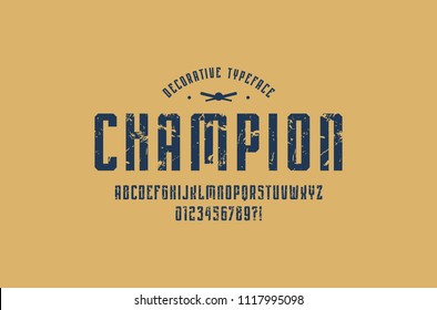 Decorative narrow sans serif font in sport style. Letters and numbers with rough texture for logo and emblem design. Blue print on yellow background