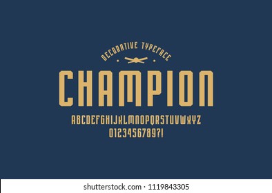 Decorative narrow sans serif font in sport style. Letters and numbers for logo and emblem design. Yellow print on blue background