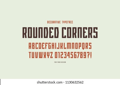 Decorative narrow sans serif font with rounded corners. Letters and numbers for logo and emblem design. Color print on white background