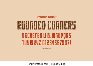 Decorative narrow sans serif font with rounded corners. Letters and numbers with rough texture for logo and emblem design. Color print on brown background