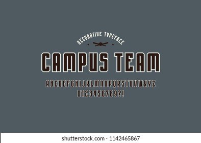 Decorative narrow sans serif font with contour. Letters and numbers for logo and t-shirt design. Color print on gray background