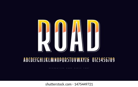 Decorative  narrow sans serif font with color flashing. Letters and numbers for retro logo and label design. Color print on black background