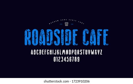 Decorative narrow sans serif font with rounded corners. Bold face. Letters and numbers with vintage texture for logo and emblem design. Color print on black background