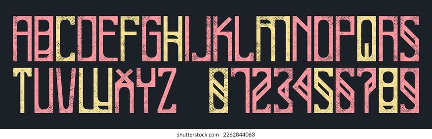 Decorative narrow sans serif font. Letters and numbers with retro texture for emblem and logo design