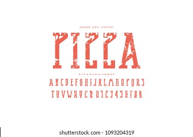 Decorative narrow serif font. Bold face. Letters and numbers with rough texture for logo and title design. Orange print on white background