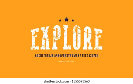 Decorative narrow serif font. Bold face. Letters and numbers with rough texture for logo and emblem design. Color print on yellow background