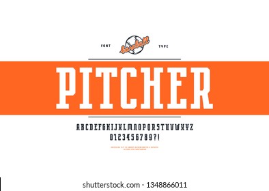 Decorative narrow serif font in sport style. Letters and numbers for logo and emblem design