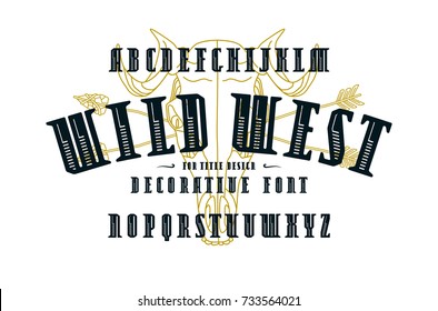 Decorative narrow serif font in western style. Letters for logo, label and title design