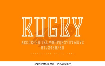 Decorative narrow slab serif font with inner contour. Letters and numbers for sport logo design. Color print on orange background