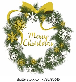 Decorative natural christmas wreath with stars and golden bow. Christmas decoration element. Isolated vector on white background.