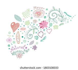 Decorative natural flower elements, doodle style, vintage feel