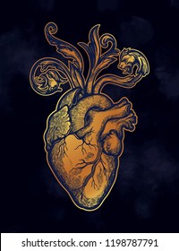 Decorative naturalistic heart with baroque elements.Vintage gothic style inspired art. Vector illustration isolated. Tattoo design, trendy romance symbol for your use.