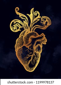 Decorative naturalistic heart with baroque elements.Vintage gothic style inspired art. Vector illustration isolated. Tattoo design, trendy romance symbol for your use.