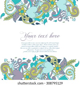 Decorative nature background. Template frame design for card. Floral design elements. Doodle flowers. Zentangle pattern. Vector floral hand drown pattern. Wedding card. Love card. Floral heart shape.