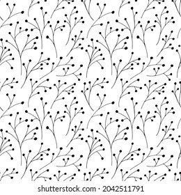 Decorative nature floral seamless pattern. Hand-drawn, Black and white twigs of plants. Doodle, vector design elements.