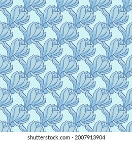 Decorative nature seamless pattern in blue tones with magnolia flowers elements. Vector illustration for seasonal textile prints, fabric, banners, backdrops and wallpapers.