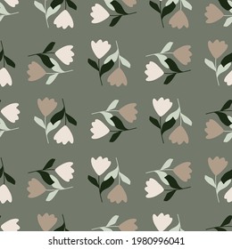 Decorative nature seamless pattern with geometric style simple tulip flowers elements. Grey background. Graphic design for wrapping paper and fabric textures. Vector Illustration.