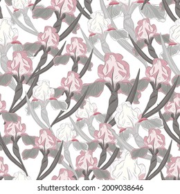 Decorative nature seamless pattern with grey and pink colored iris flower branches print. Isolated artwork. Vector illustration for seasonal textile prints, fabric, banners, backdrops and wallpapers.