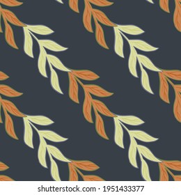Naturaleza decorativa sin fisuras con ramas de color naranja hojas formas. Fondo azul marino. Diseñado para el diseño de tejidos, impresión textil, envoltura, cubierta. Ilustración vectorial.