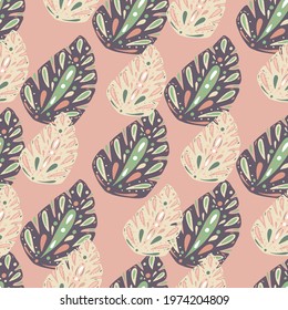 Decorative nature seamless pattern with pink and purple folk monstera print. Pink background. Decorative backdrop for fabric design, textile print, wrapping, cover. Vector illustration.