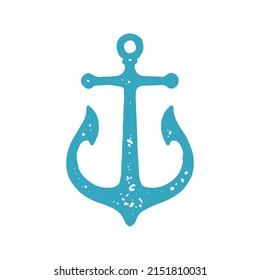 Decorative nautical anchor steel sharp thorn ship equipment with hole for hanging blue grunge texture vector illustration. Classic sea transportation parking navy symbol hand drawn design isolated