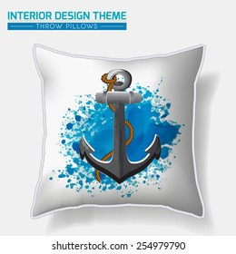 Decorative nautical throw pillow design with anchor, rope & symbolic sea wave image. Modern Interior design element. Creative Sofa Toss Pillow. Vector design template is layered, editable.