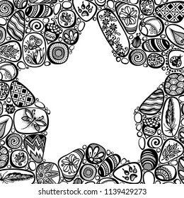 Decorative Negative Space Star Symbol from Sea Pebbles with Ornaments. Detailed Pebble-stones Set, Beetles, Flowers, Acorn, Dragonfly. Boho Style Mosaic Pattern, Ethnic Motifs. Vector Illustration
