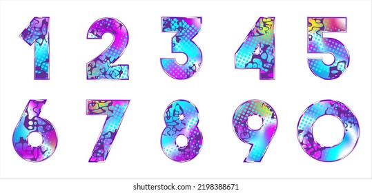 Decorative neon steampunk numbers from one to nine. Number Set Decorated with abstract texture, bright gradient halftone. Modern design elements for greeting card for wedding, birthday, anniversary.