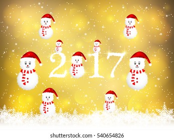 decorative new year 2017 greetings background with snowman's and snowflakes on golden glow bokeh background.