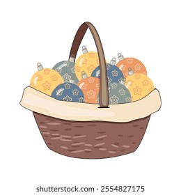 Decorative new year and christmas balls in the basket on white background collection isolated vector illustration festive picture 