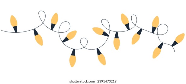 Decorative New Year, Christmas garland with yellow bright light bulbs. Simple style design element done by hand on a white isolated background. For printing, decoration, product design