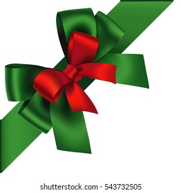 Decorative New Year green and red bow with diagonally ribbon on the corner. Vector Christmas  bow for page decor.